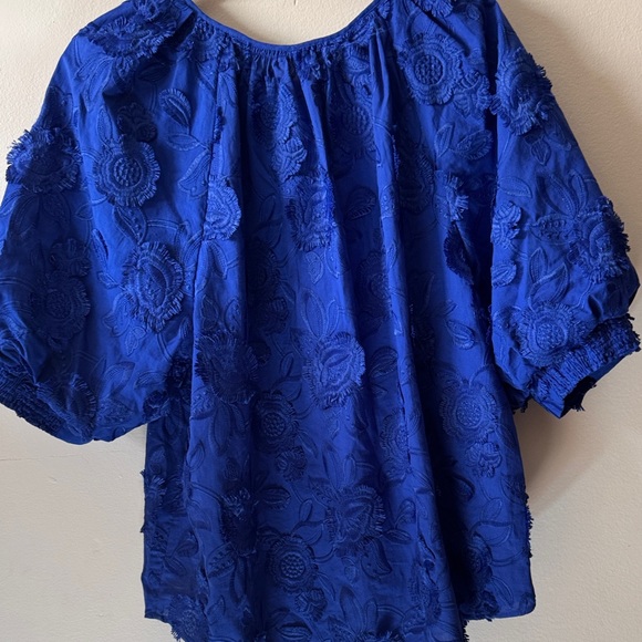 Chico's Cobalt Blue Floral Appliqué Puff-Sleeve Button Up Scoop Neck Blouse -XL - Picture 13 of 15